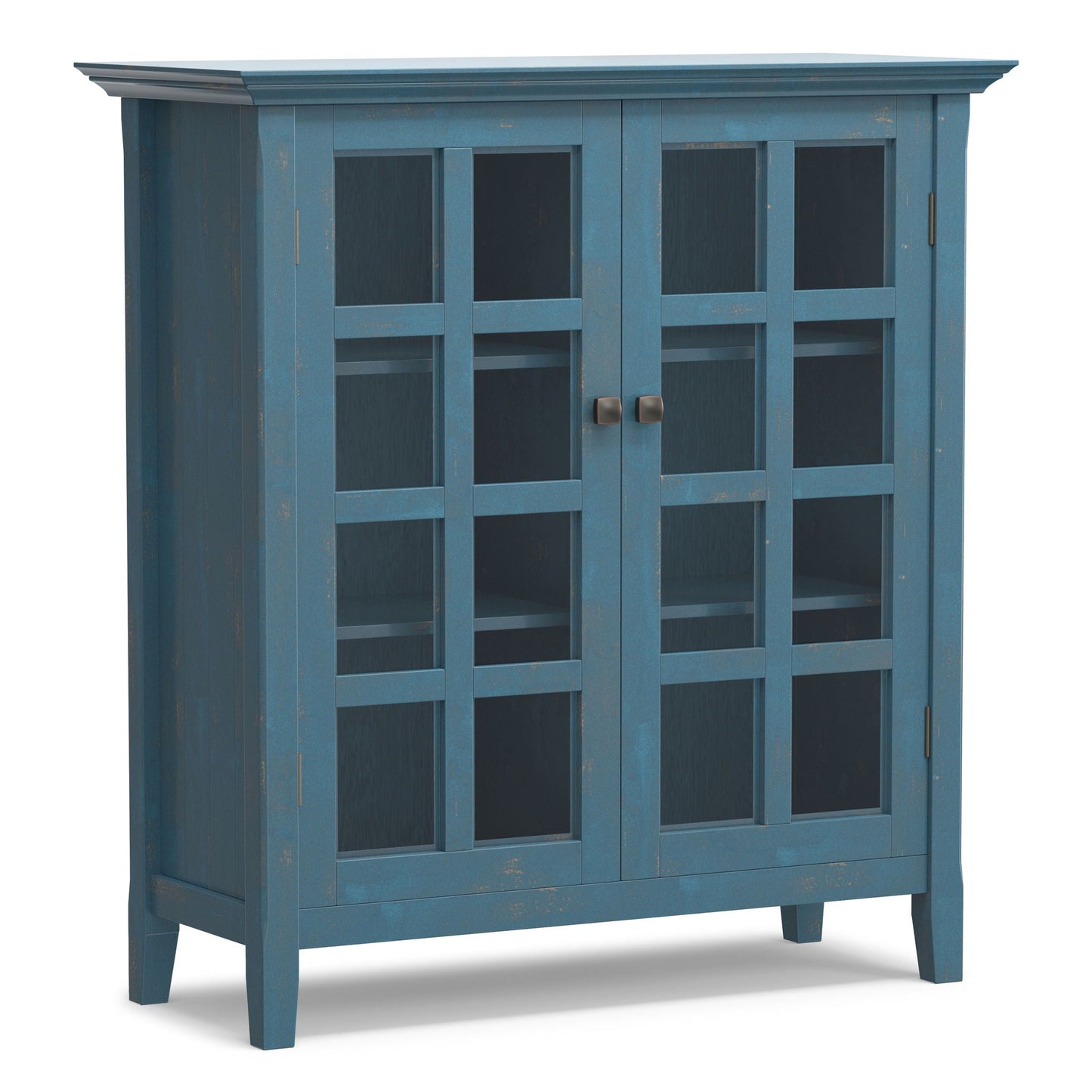 Acadian medium storage cabinet by HouseOfZazla with blue distressed finish and glass doors on Tampa Home & Garden Store