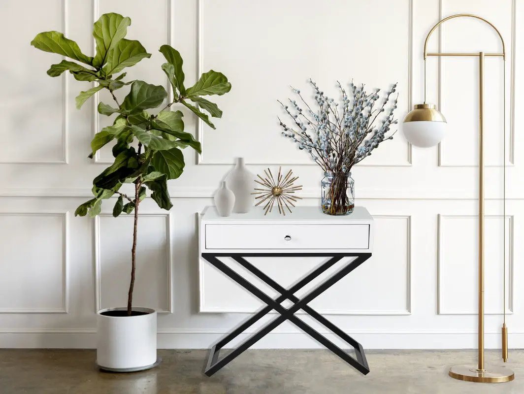Koda end side table nightstand with drawer and cross base, white top, black X-frame base on Tampa Home & Garden Store