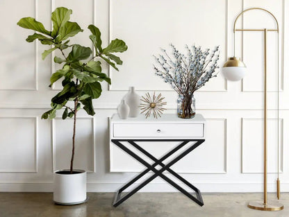 Koda end side table nightstand with drawer and cross base, white top, black X-frame base on Tampa Home & Garden Store