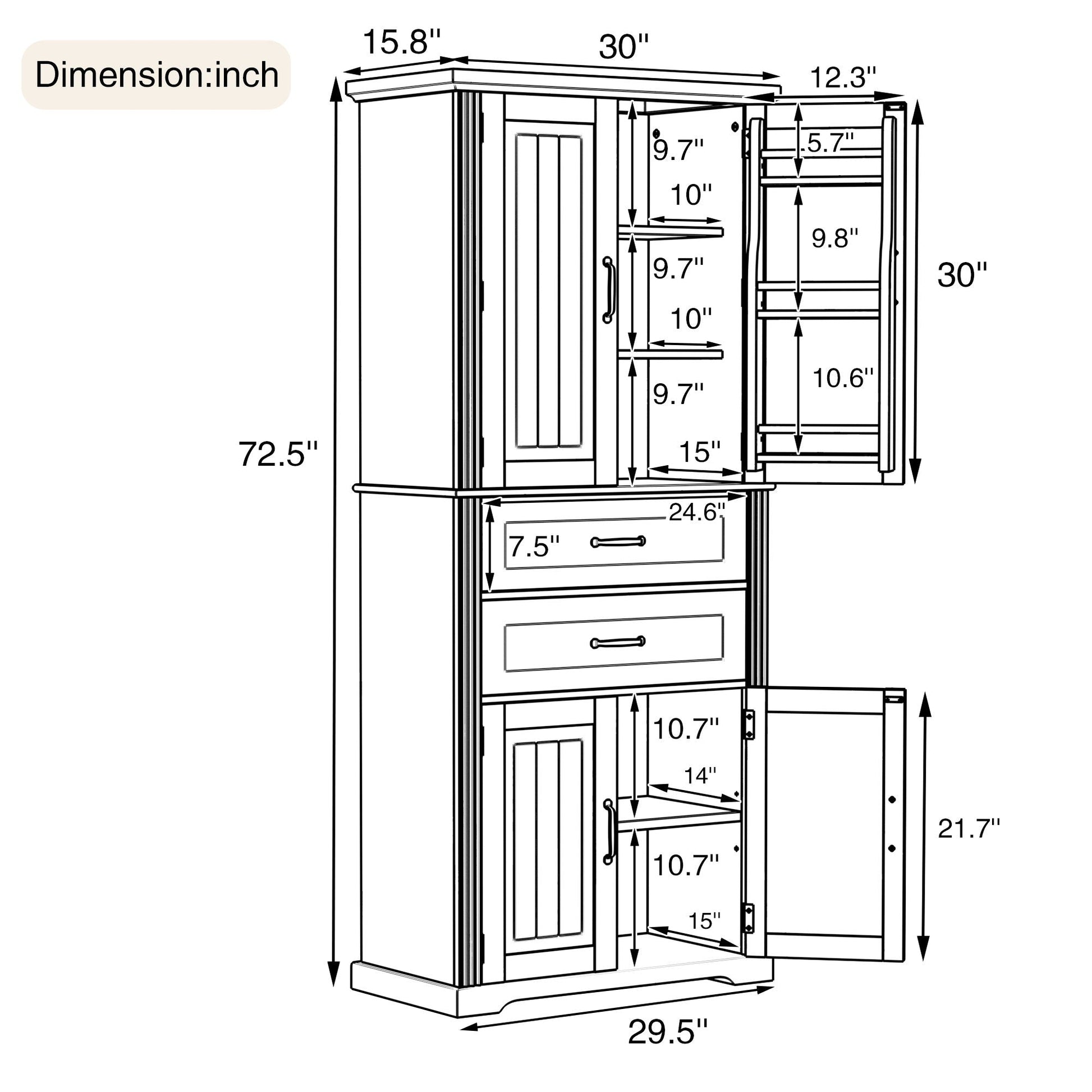 HouseOfZazla accent storage cabinet with adjustable shelves and 2 drawers, door shelves diagram on Tampa Home & Garden Store