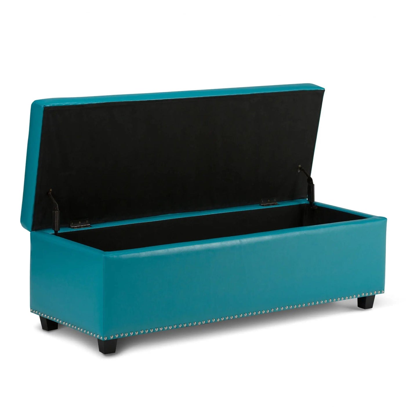 Hamilton Upholstered Storage Ottoman teal exterior with black interior lid and nailhead trim on Tampa Home & Garden Store