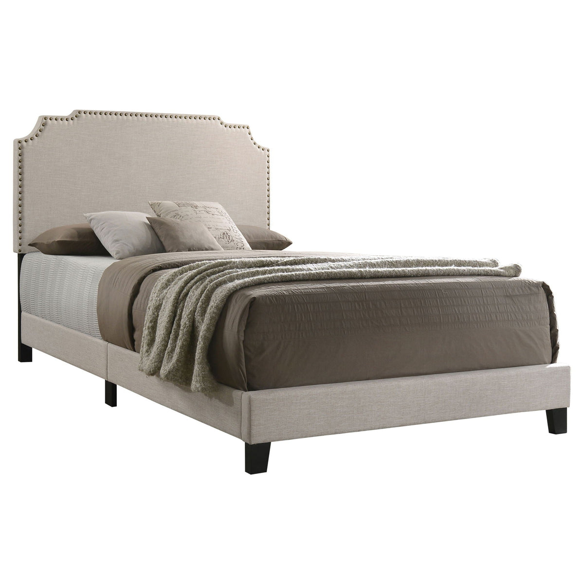 Copper Eastern King Panel Bed beige upholstered with nailhead trim by HouseOfZazla on Tampa Home & Garden Store