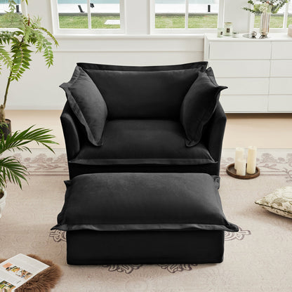 Upholstered slipcovered armchair and ottoman in black fabric, contemporary living room setup on Tampa Home & Garden Store