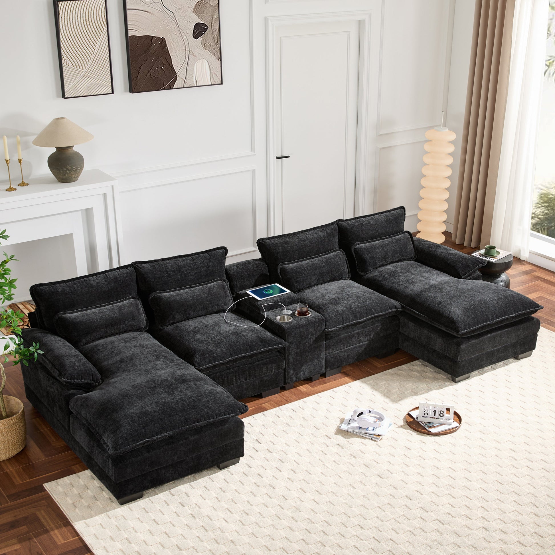 HouseOfZazla modern U-shaped sectional sofa with console and USB charger in dark gray fabric on Tampa Home & Garden Store