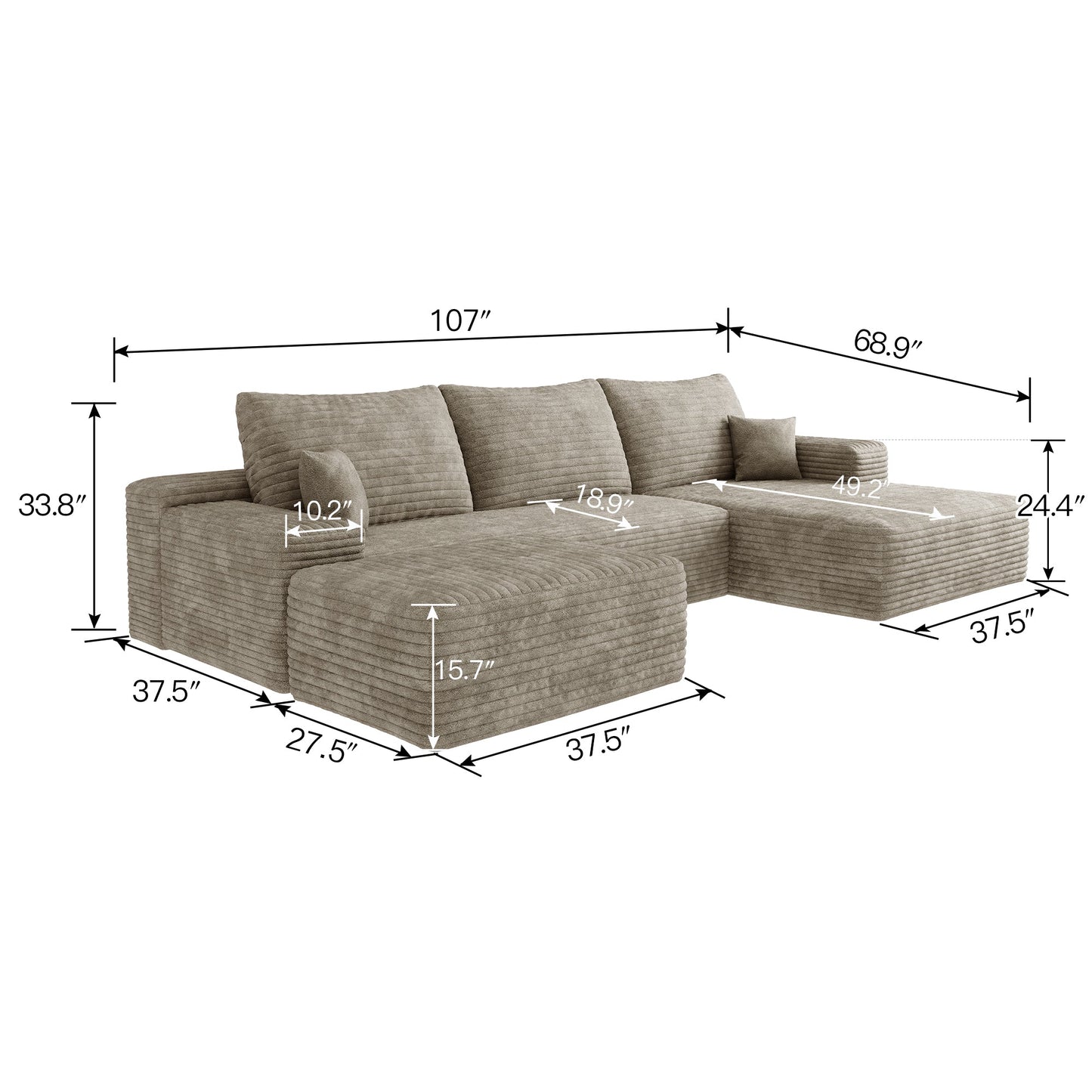 107-inch Cloud Sectional Sofa with Ottoman in taupe corduroy by HouseOfZazla on Tampa Home & Garden Store