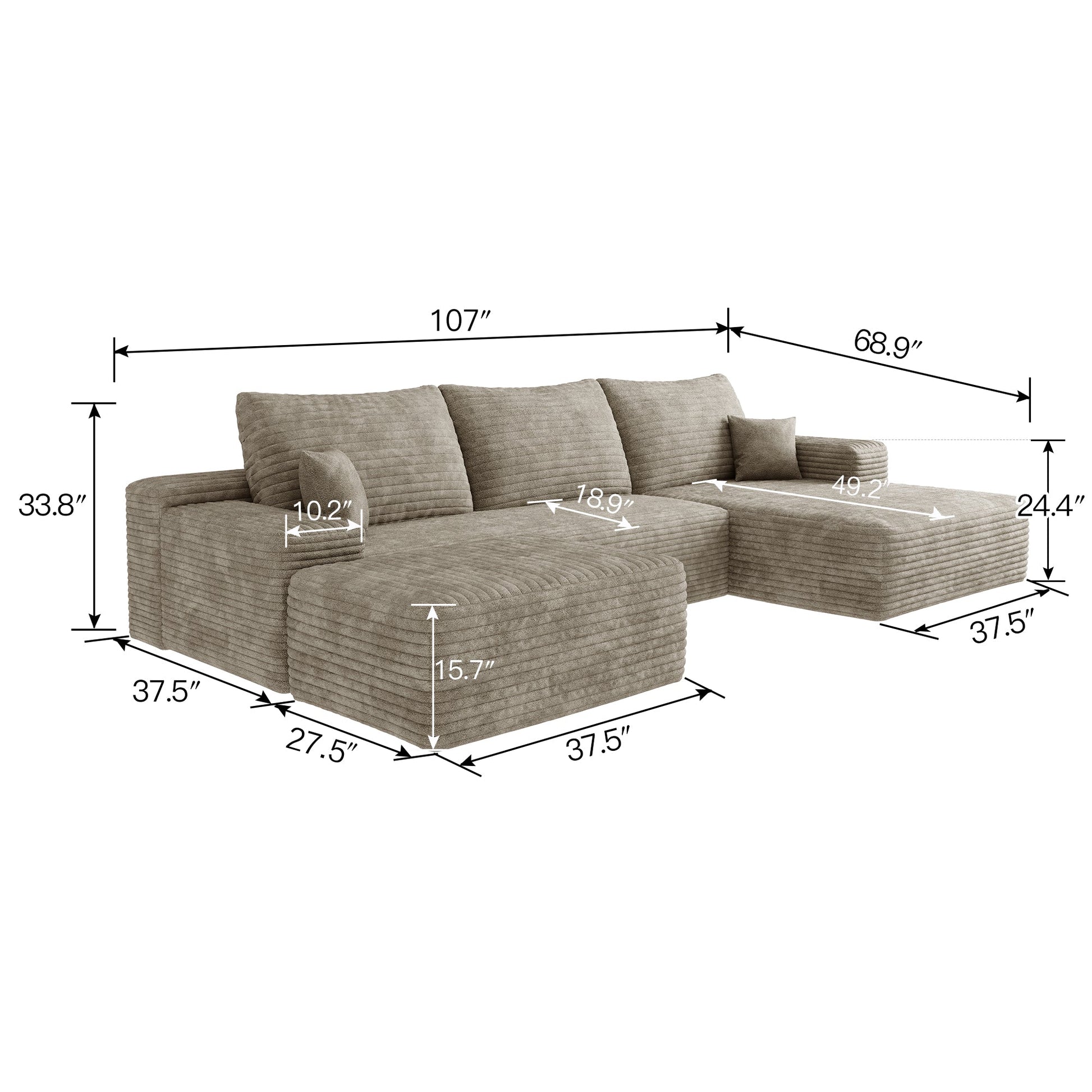 107-inch Cloud Sectional Sofa with Ottoman in taupe corduroy by HouseOfZazla on Tampa Home & Garden Store