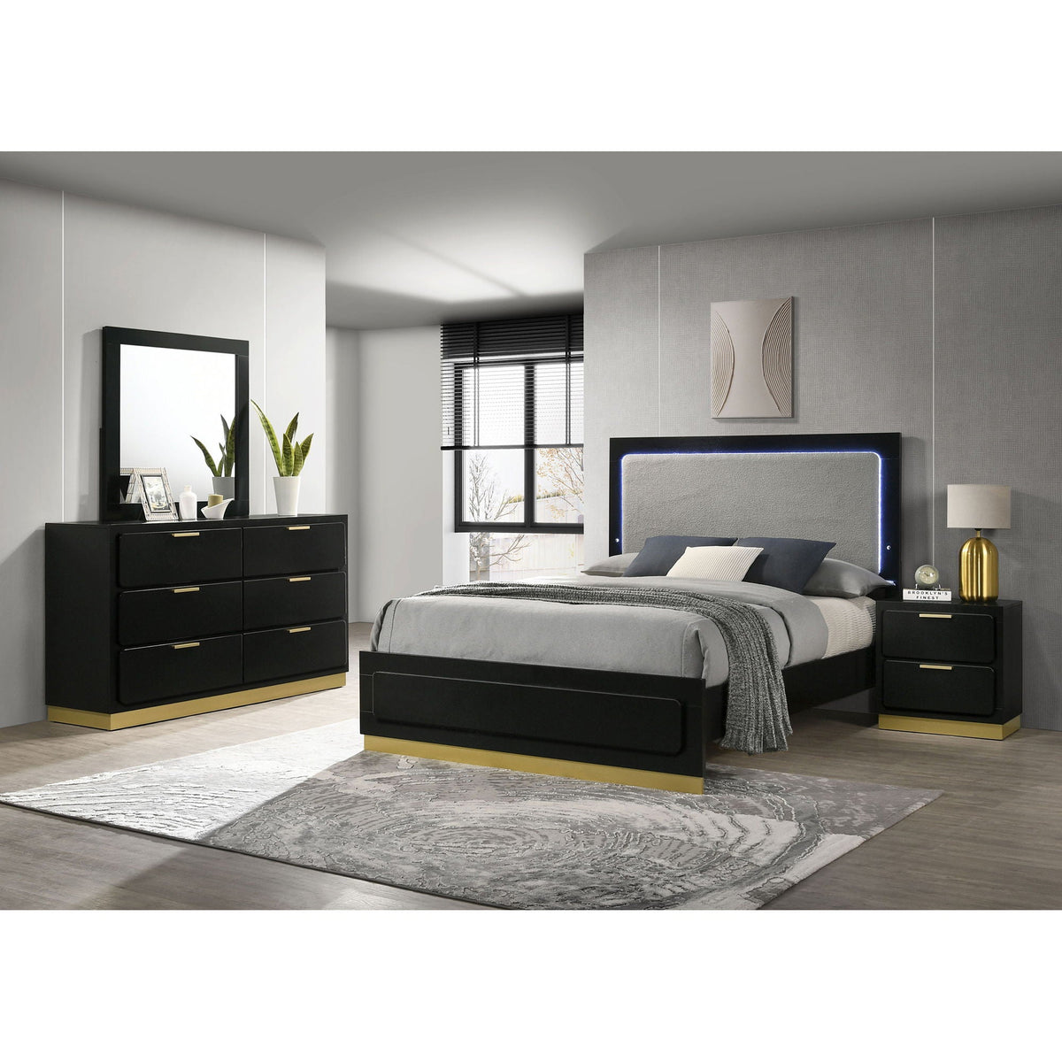 Sophia 4 Piece Bedroom Set by HouseOfZazla in black with gold base, blue LED headboard on Tampa Home & Garden Store
