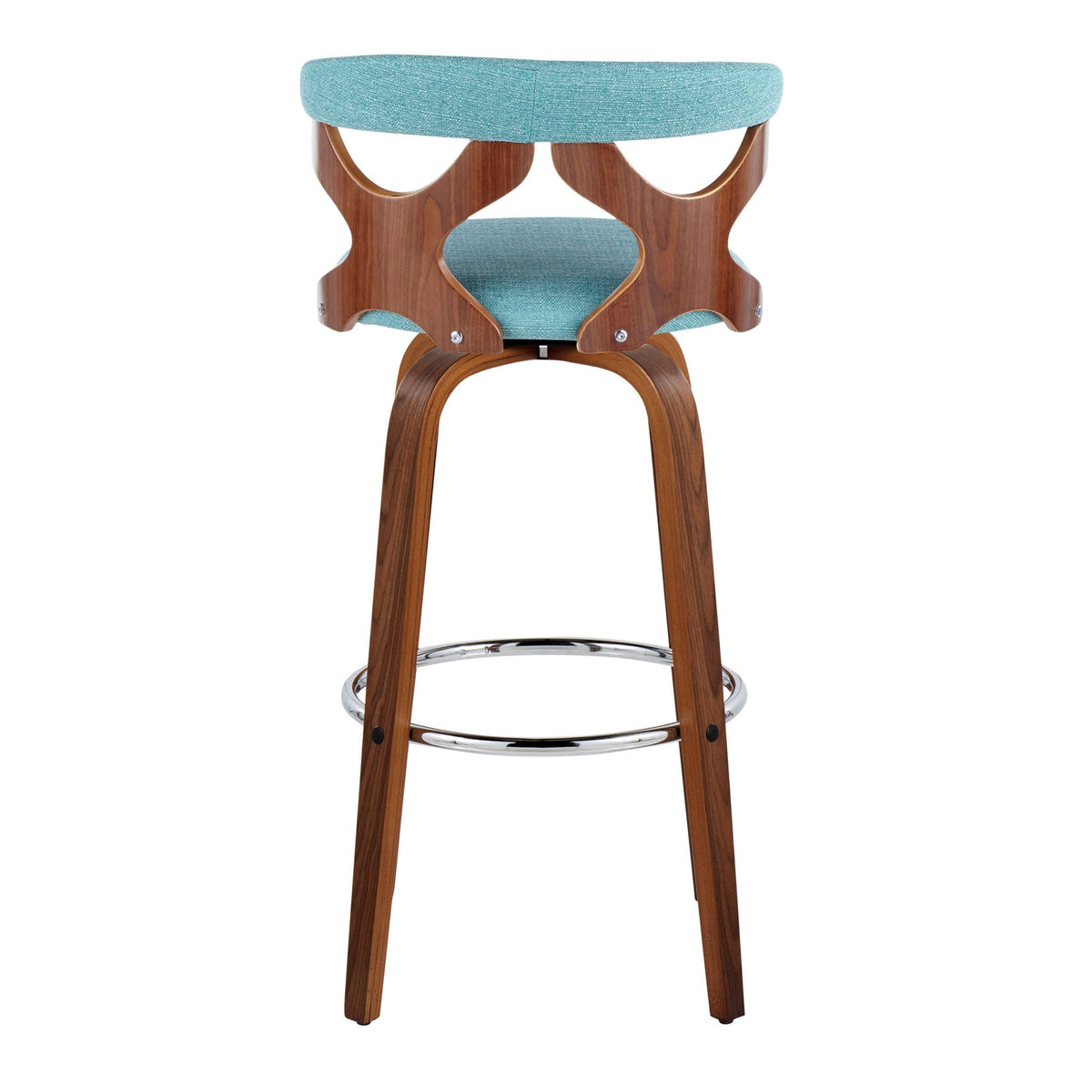Mid Century Modern swivel barstool with teal padded upholstery, wood frame, chrome footrest on Tampa Home & Garden Store