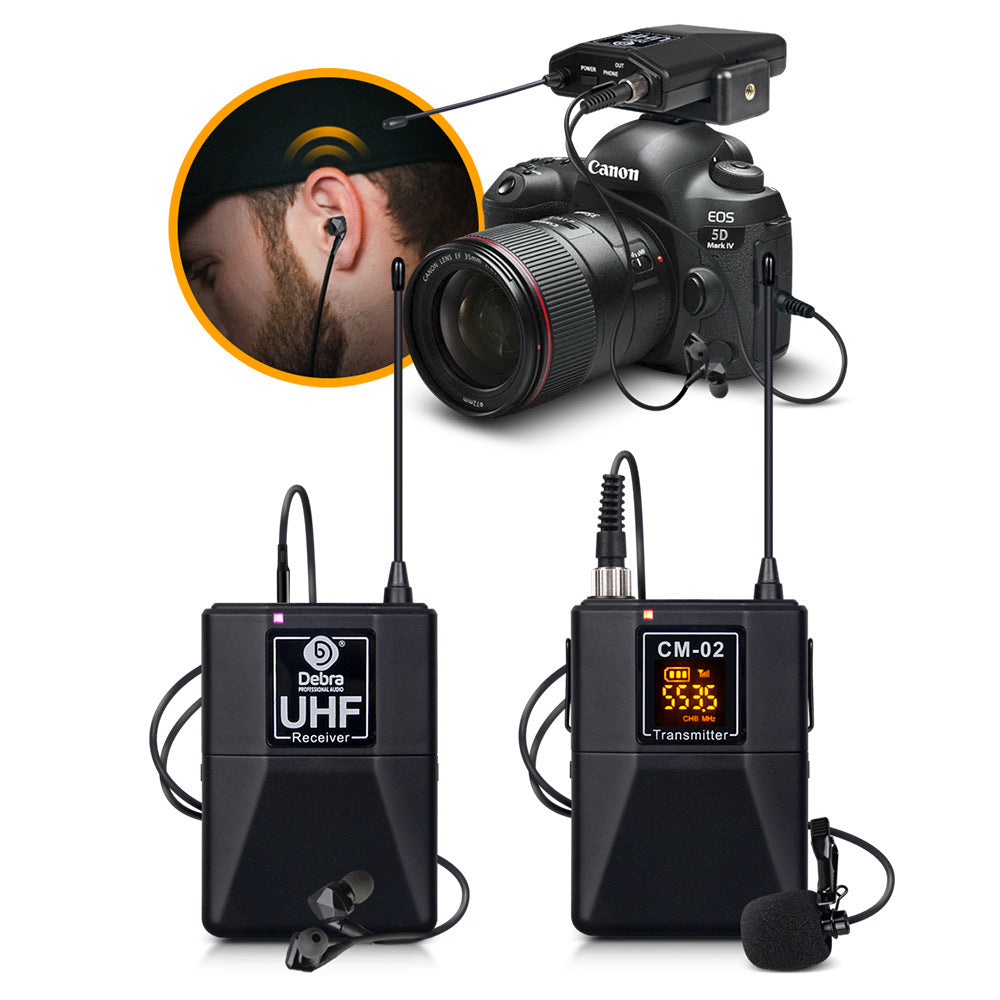 Wireless DSLR mic system with two black units and lavalier mic near Canon camera on Tampa Home & Garden Store