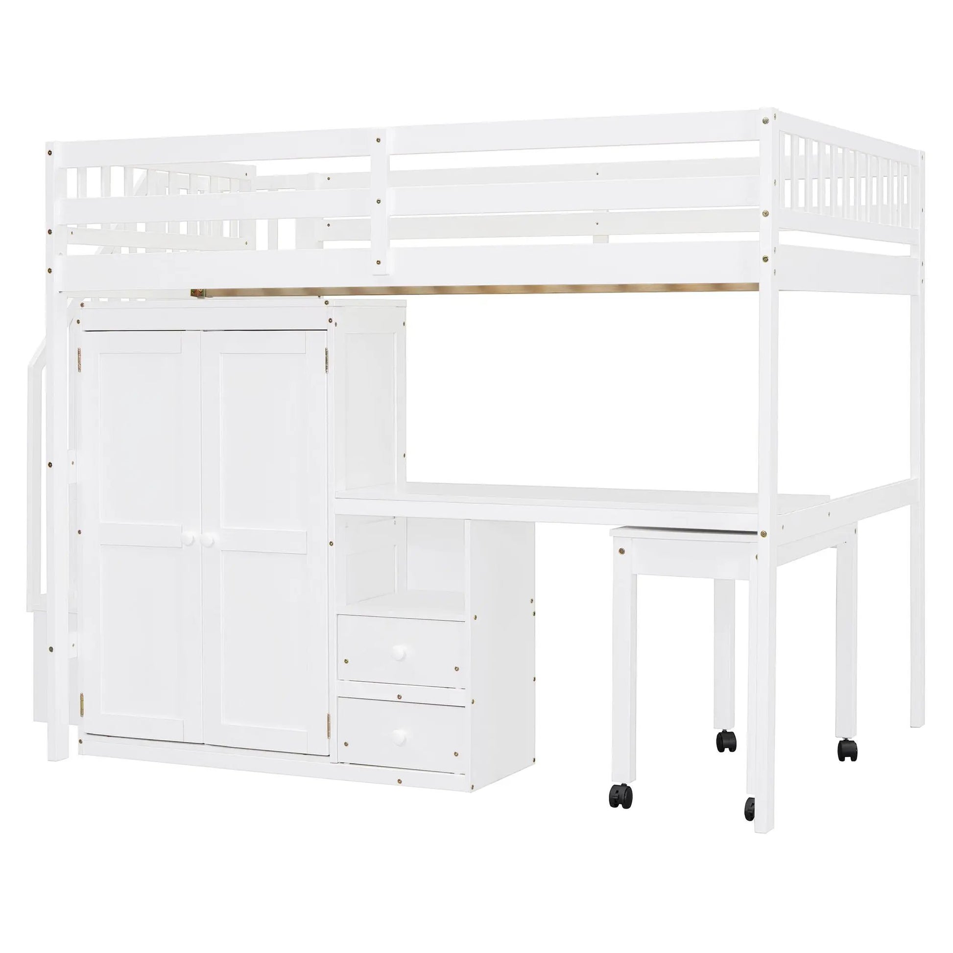 White loft bed with stairs and built-in wardrobe and drawers for space saving on Tampa Home & Garden Store