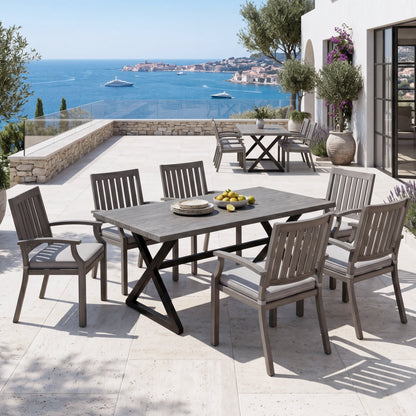 7-Piece Outdoor Dining Set with Aluminum Chairs gray cushioned seats on an ocean-view patio on Tampa Home & Garden Store