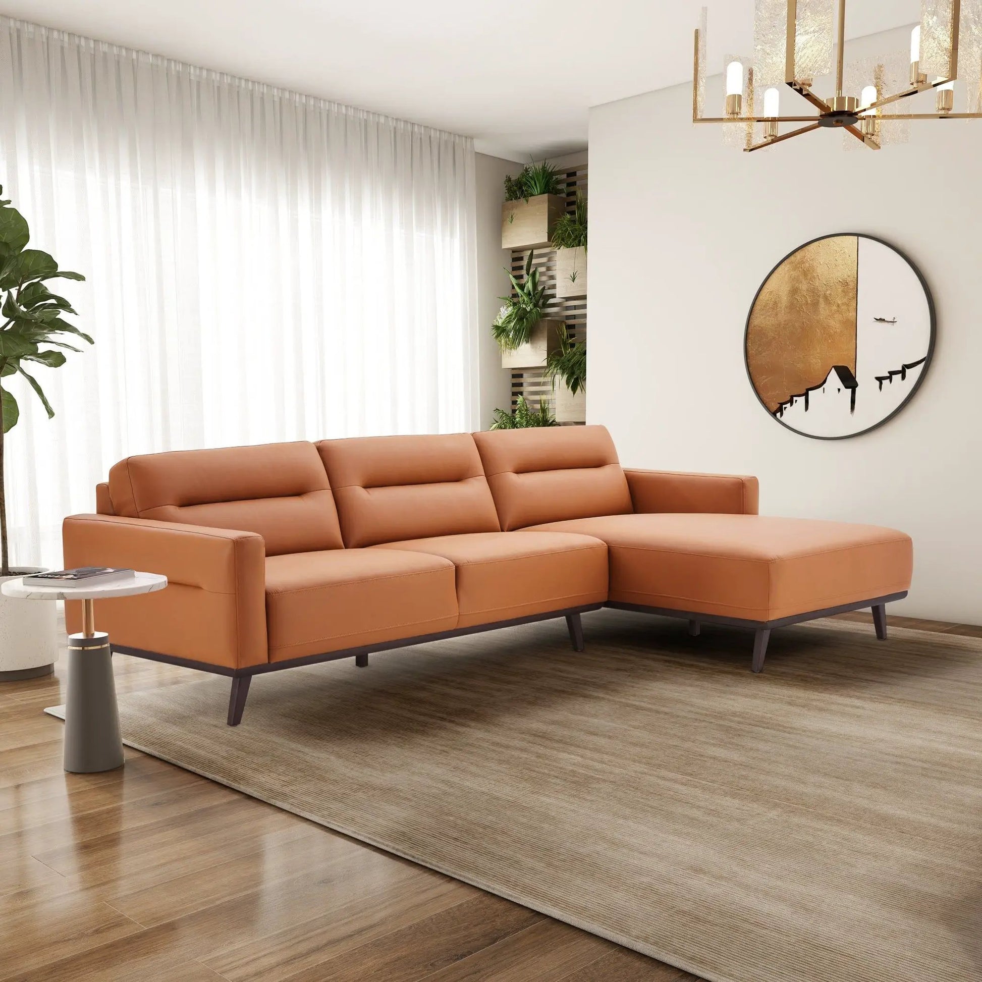 Ella L-Shaped Sectional Couch tan leather by Unique Piece Furniture, stationary 3-piece sofa with low metal legs in a bright living room with sheer curtains on Tampa Home & Garden Store