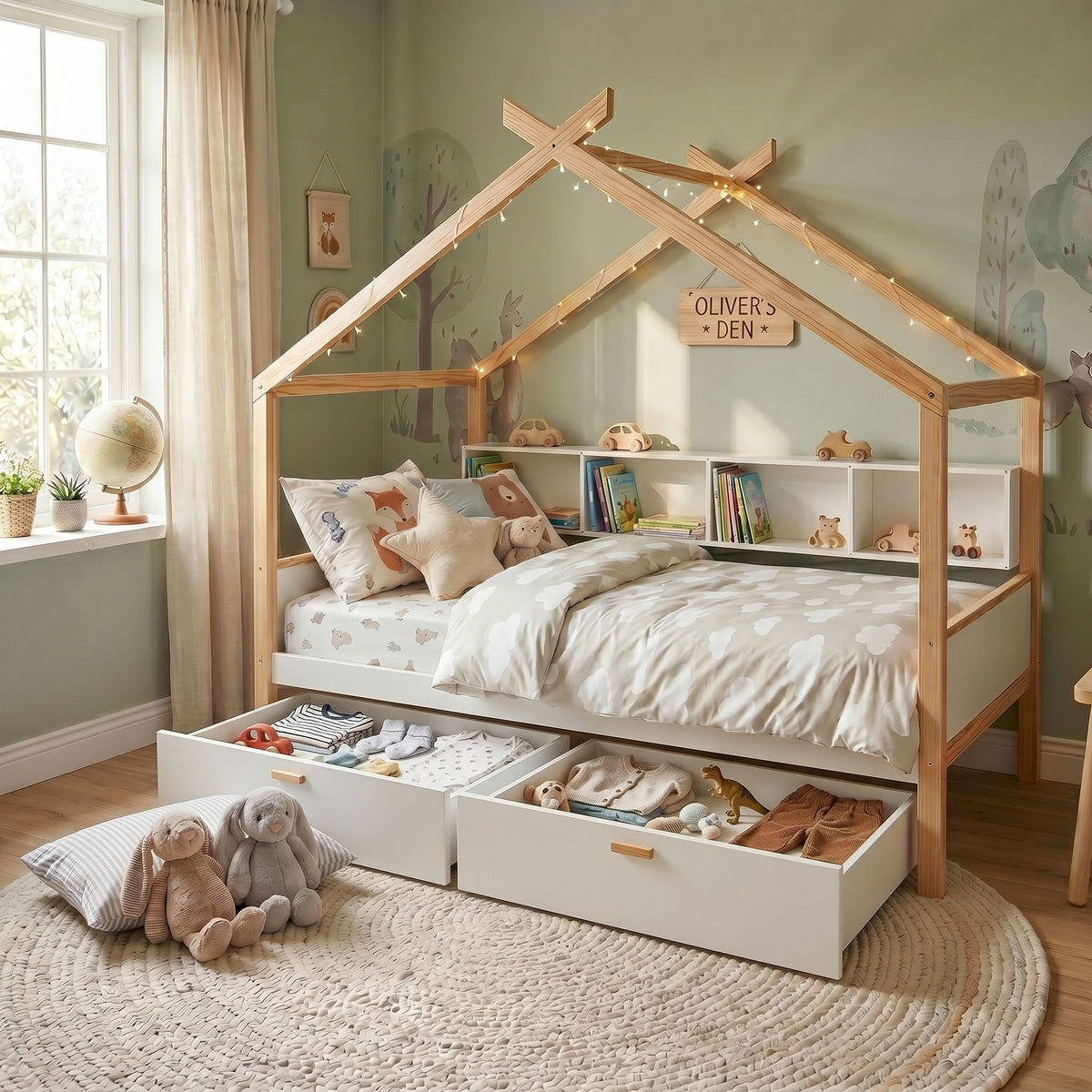 House Bed With Bookshelf Storage natural wood frame with 3 white drawers on Tampa Home & Garden Store