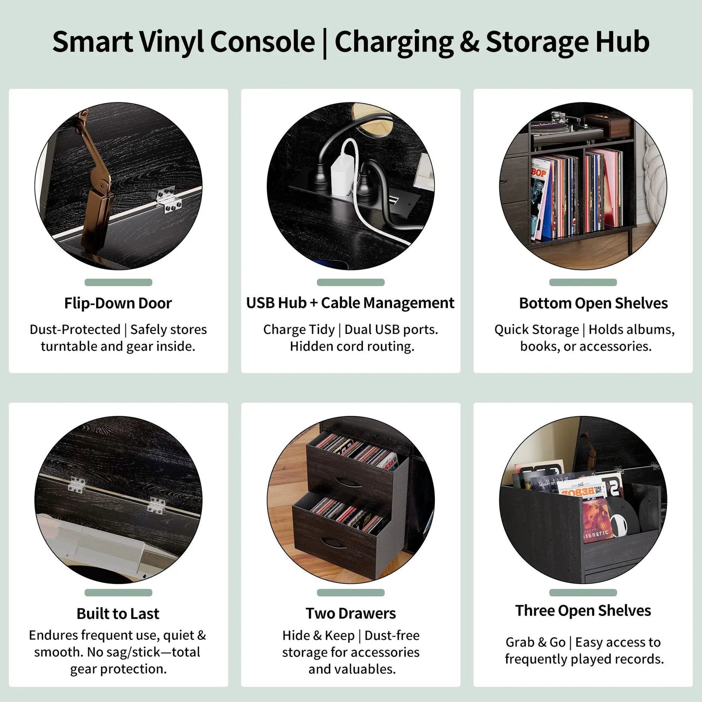 Eco-Friendly Vinyl Record Player Stand with Flip-Top Storage; USB hub, dual outlets, dustproof drawers on Tampa Home & Garden Store