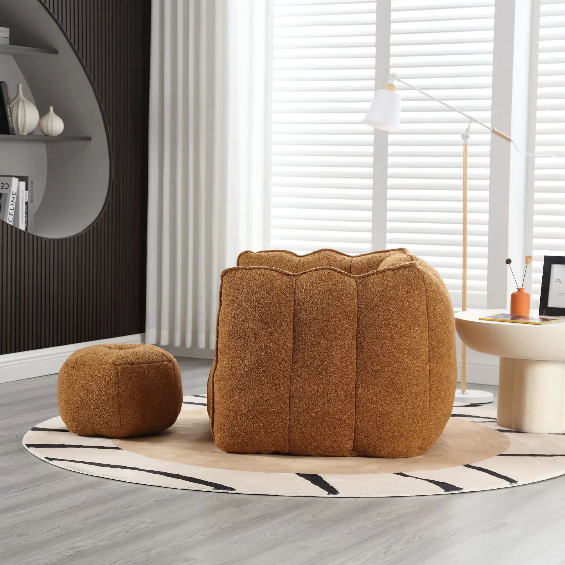 Soft brown bean bag chair with high resilient foam and matching ottoman in textured fabric on Tampa Home & Garden Store