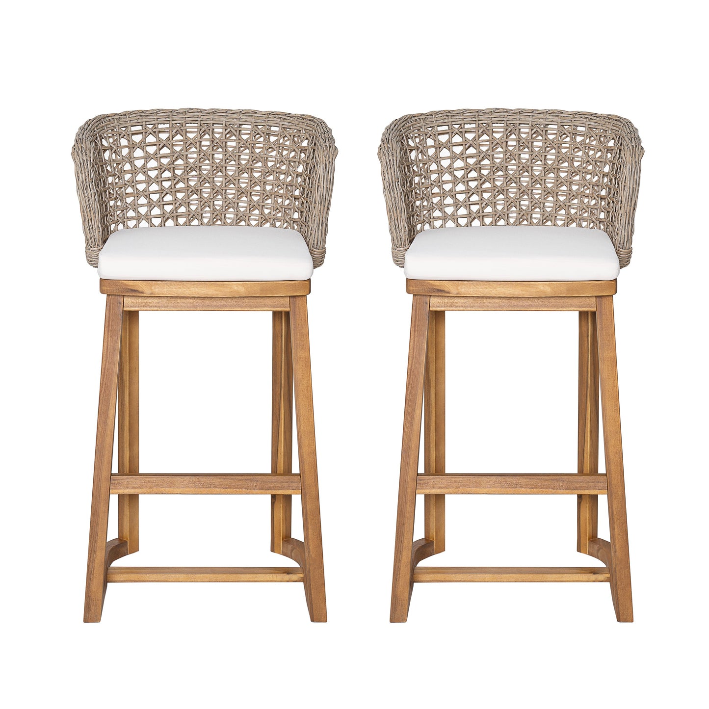 Outdoor acacia wood bar stools (set of 2) with woven wicker backs and white cushions on Tampa Home & Garden Store