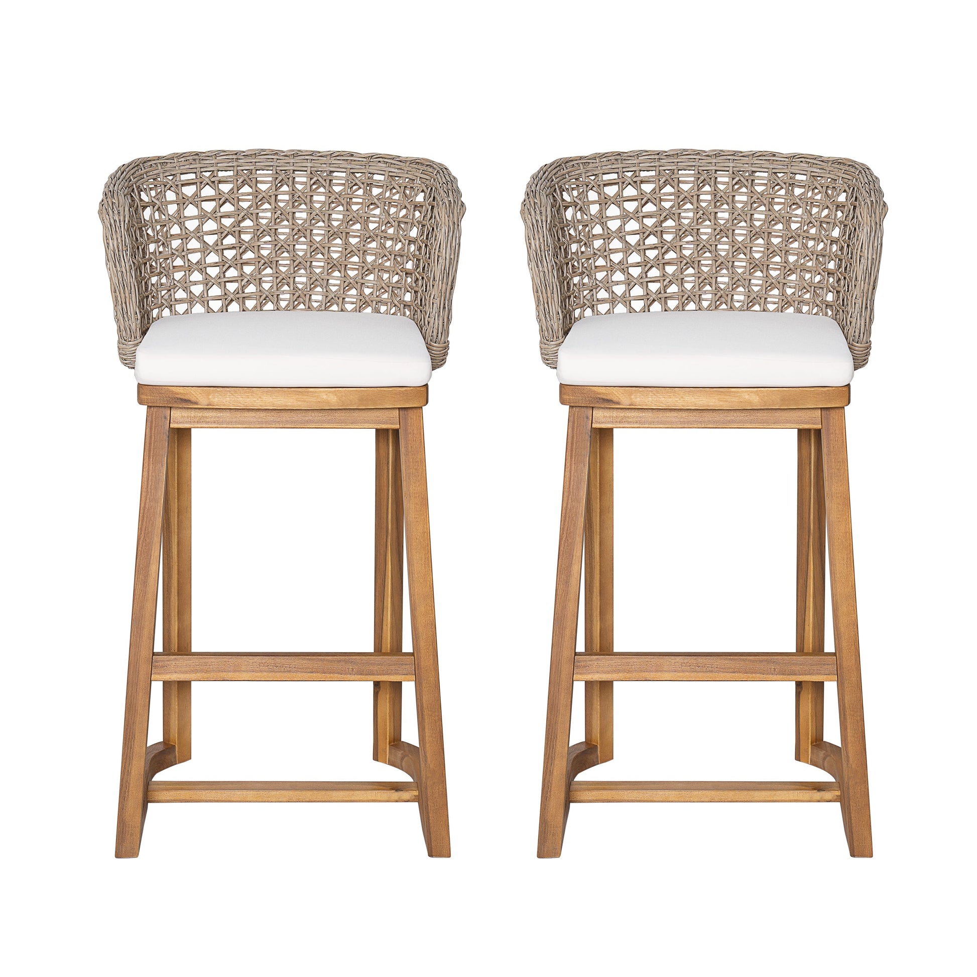 Outdoor acacia wood bar stools (set of 2) with woven wicker backs and white cushions on Tampa Home & Garden Store