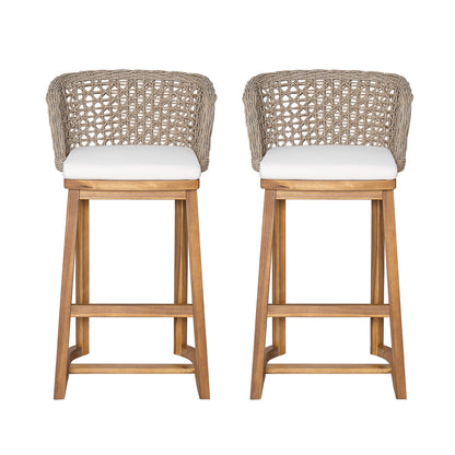Outdoor acacia wood bar stools (set of 2) with woven wicker backs and white cushions on Tampa Home & Garden Store
