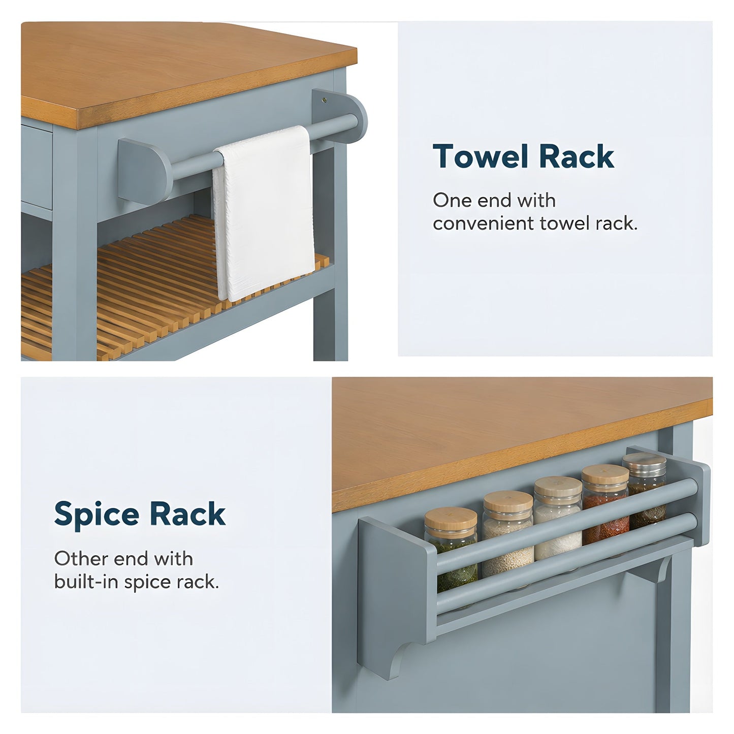52in kitchen island cart with rubber wood top, gray-blue base, towel rack and spice rack on Tampa Home & Garden Store