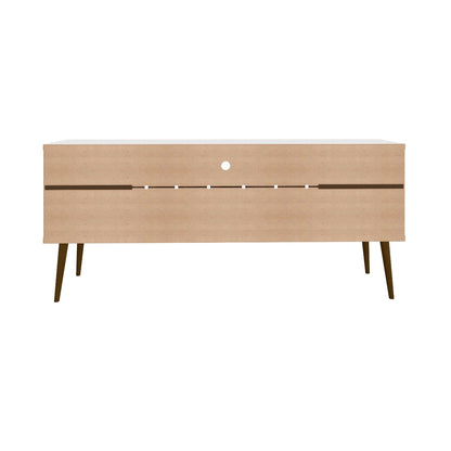 Mid-Century Modern TV Stand with solid wood splayed legs, white top and natural body on Tampa Home & Garden Store