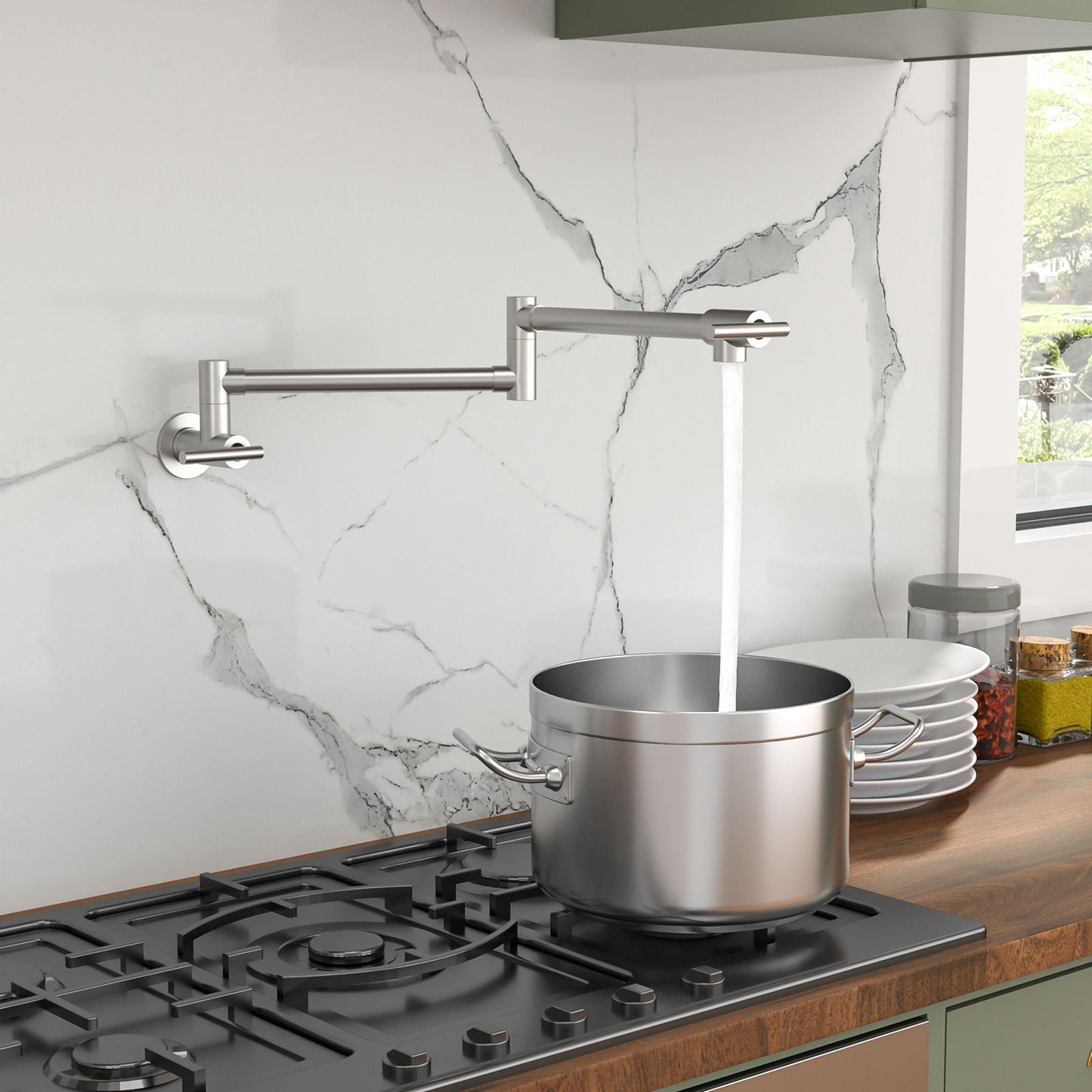Wall mount pot filler faucet folding arm with 2 handles brushed nickel HouseOfZazla on Tampa Home & Garden Store