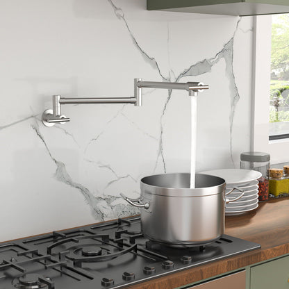 Wall mount pot filler faucet folding arm with 2 handles brushed nickel HouseOfZazla on Tampa Home & Garden Store