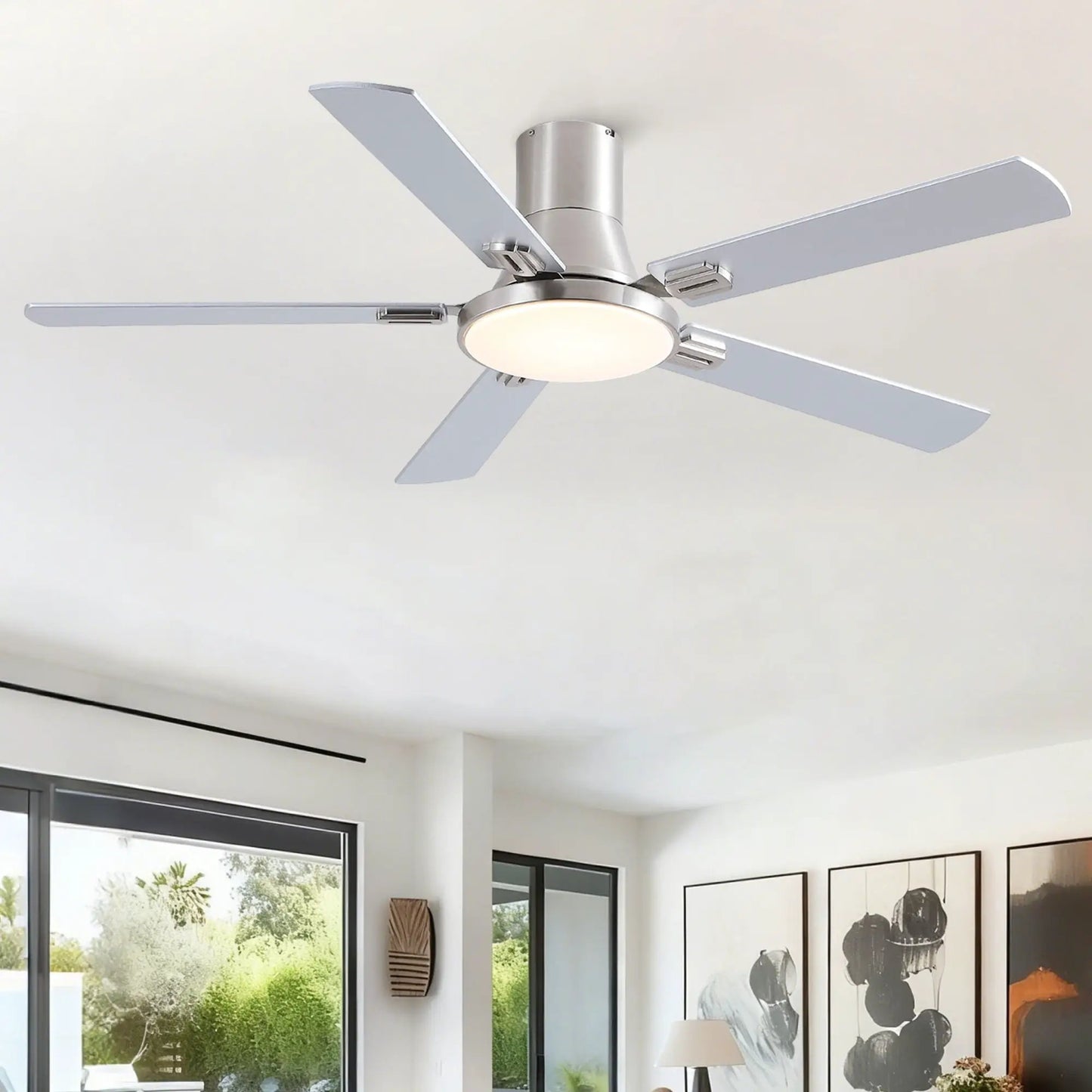 Flush-mmount ceiling fan with LED light, remote, five white blades, silver finish on Tampa Home & Garden Store