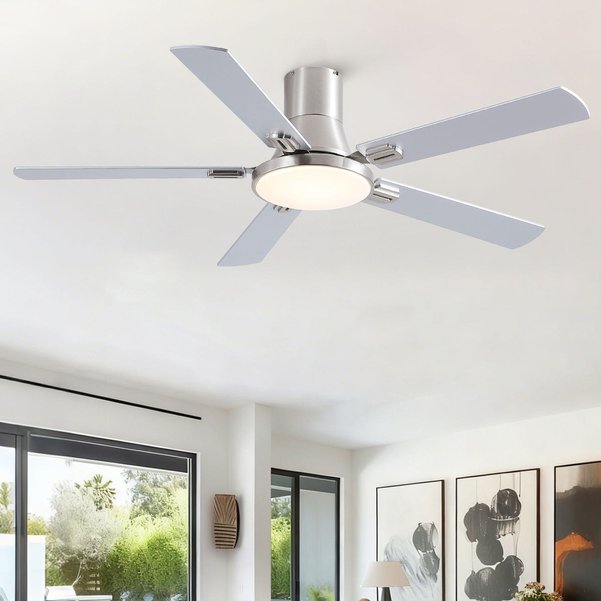 Flush mount ceiling fan with LED light and remote in pearl silver with five blades on Tampa Home & Garden Store
