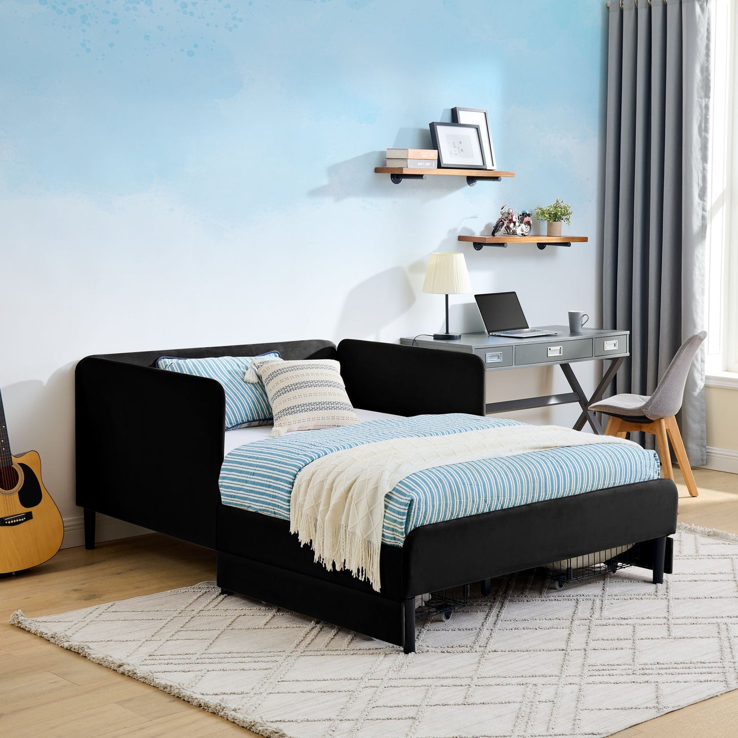 Upholstered Platform Sofa Bed with Drawers