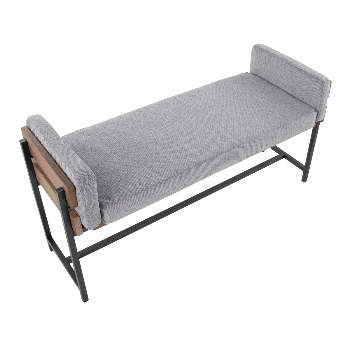 Upholstered farmhouse bench with wood panel accent gray fabric and black metal legs on Tampa Home & Garden Store