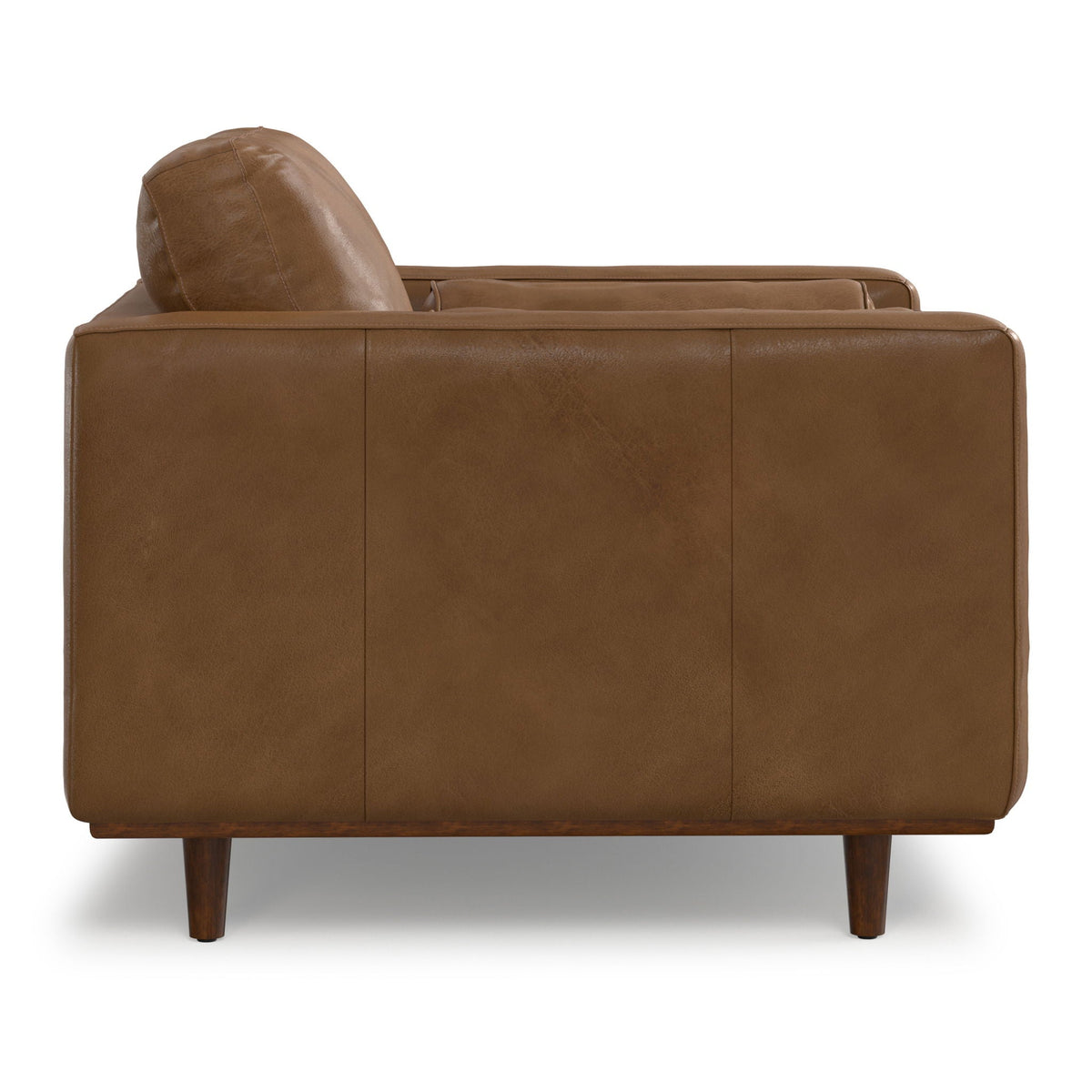 Wide Arm Chair with Removable Cushions in brown leather, rounded back, wooden legs on Tampa Home & Garden Store