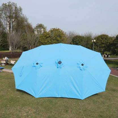 Blue double-sided outdoor market umbrella canopy with vented panels and base on Tampa Home & Garden Store