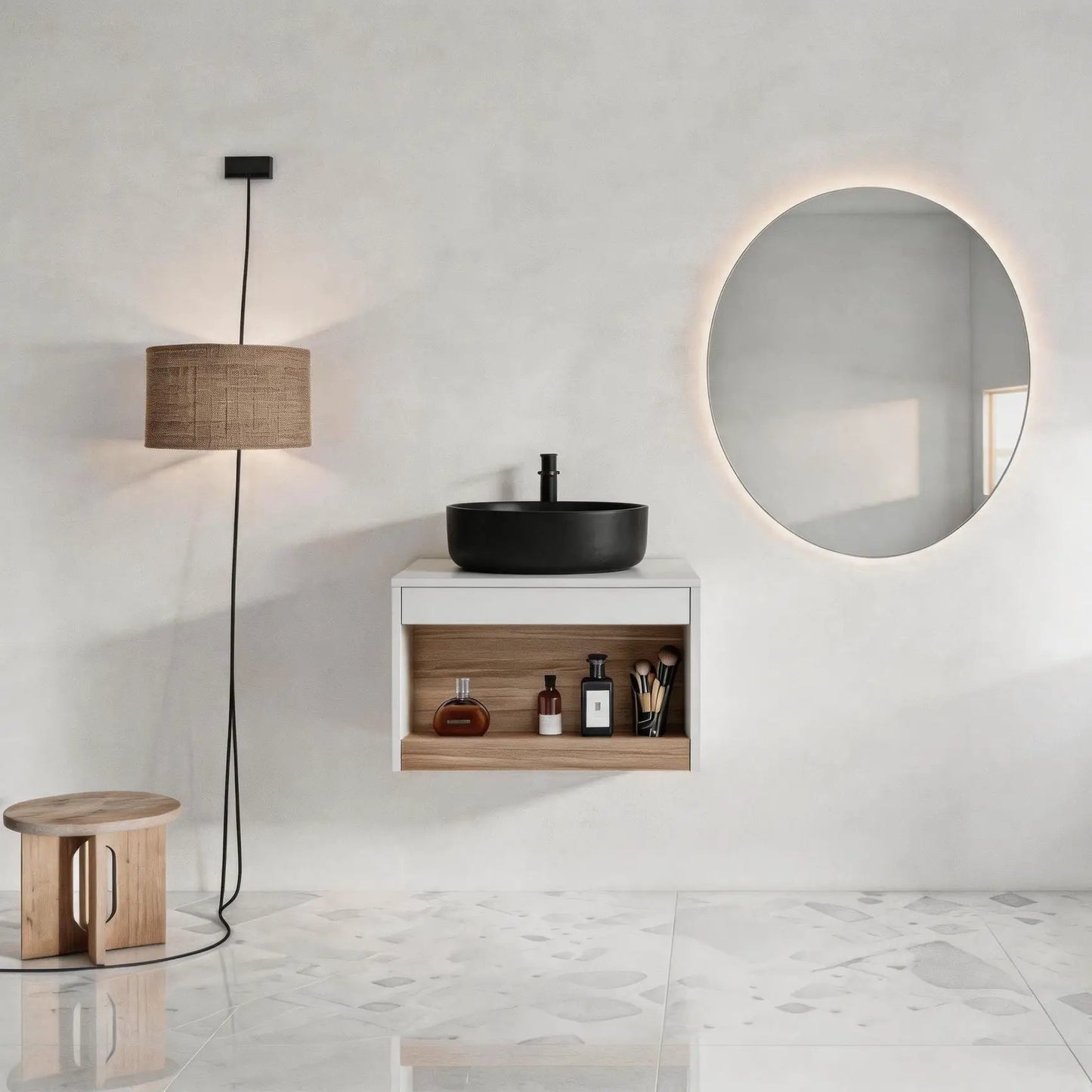 Floating vanity by Unique Piece Furniture with round vessel sink and wall-mounted faucet on Tampa Home & Garden Store