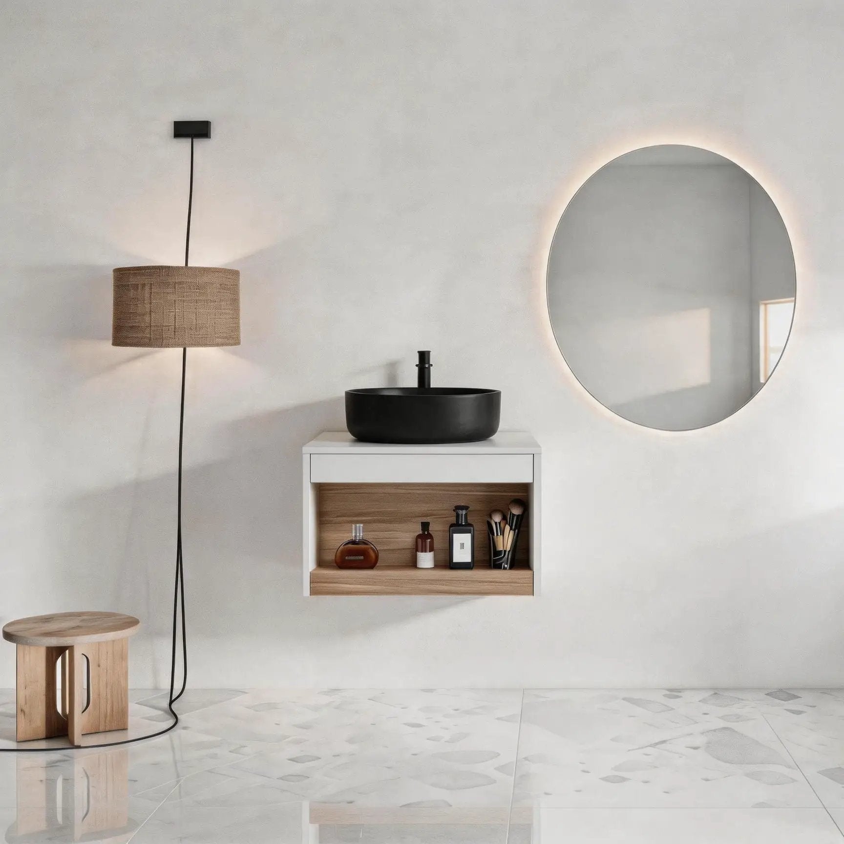 Floating vanity by Unique Piece Furniture with round vessel sink and wall-mounted faucet on Tampa Home & Garden Store