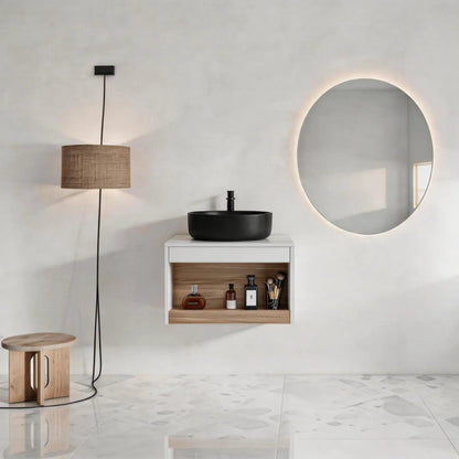 Floating vanity by Unique Piece Furniture with round vessel sink and wall-mounted faucet on Tampa Home & Garden Store