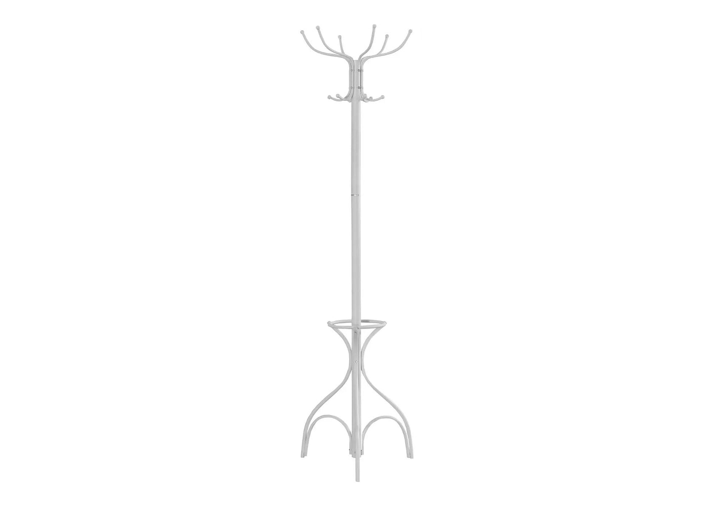 White freestanding coat rack hall tree with 12 top hooks and umbrella holder at base on Tampa Home & Garden Store