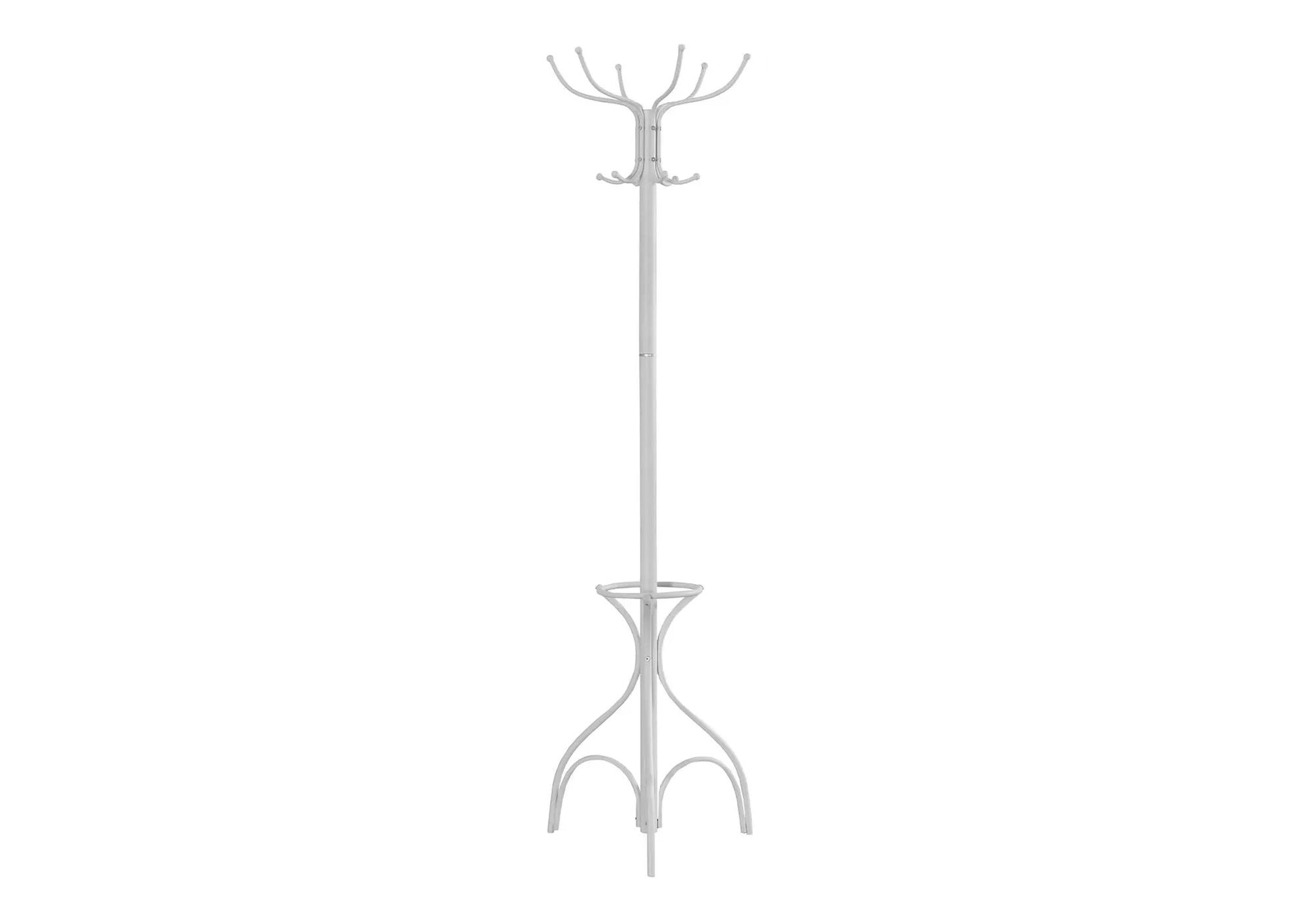 White freestanding coat rack hall tree with 12 top hooks and umbrella holder at base on Tampa Home & Garden Store