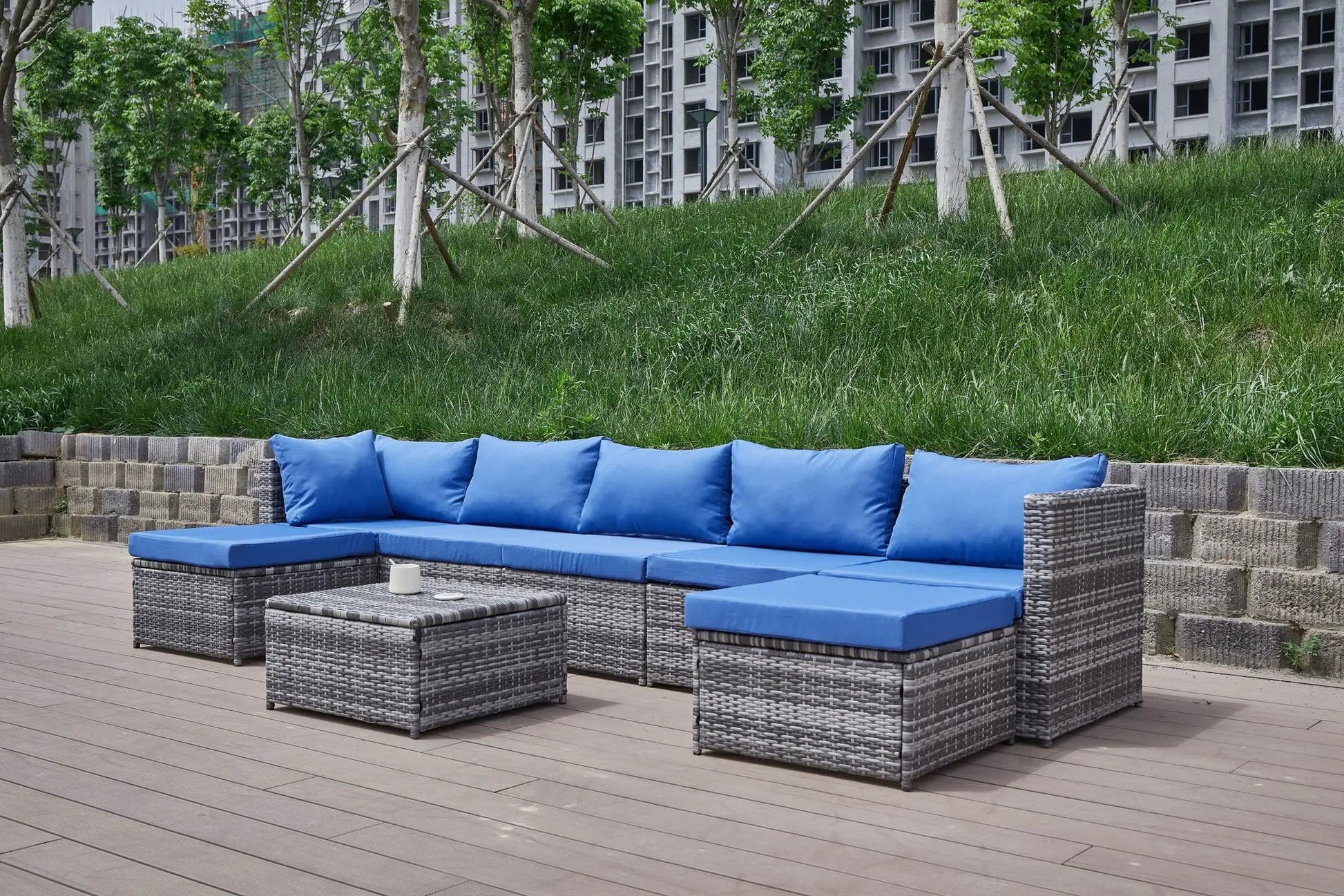 Patio sofa with cushions 2-piece outdoor set blue cushions gray wicker on Tampa Home & Garden Store