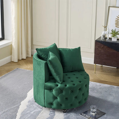 Modern upholstered swivel chair in emerald green velvet with button tufting and casters on Tampa Home & Garden Store