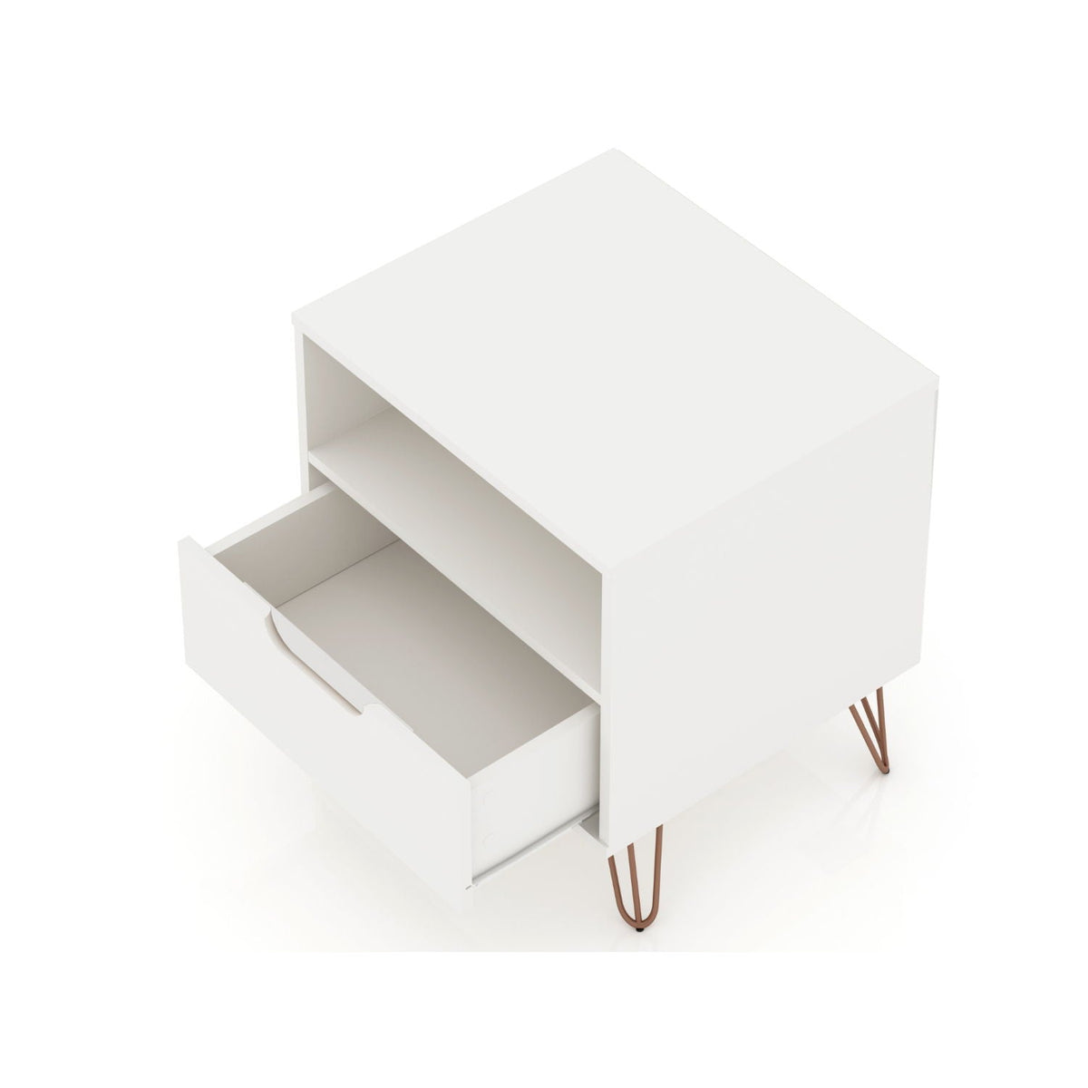 White Rockefeller nightstand with 1 drawer and open shelf, copper metal legs on Tampa Home & Garden Store
