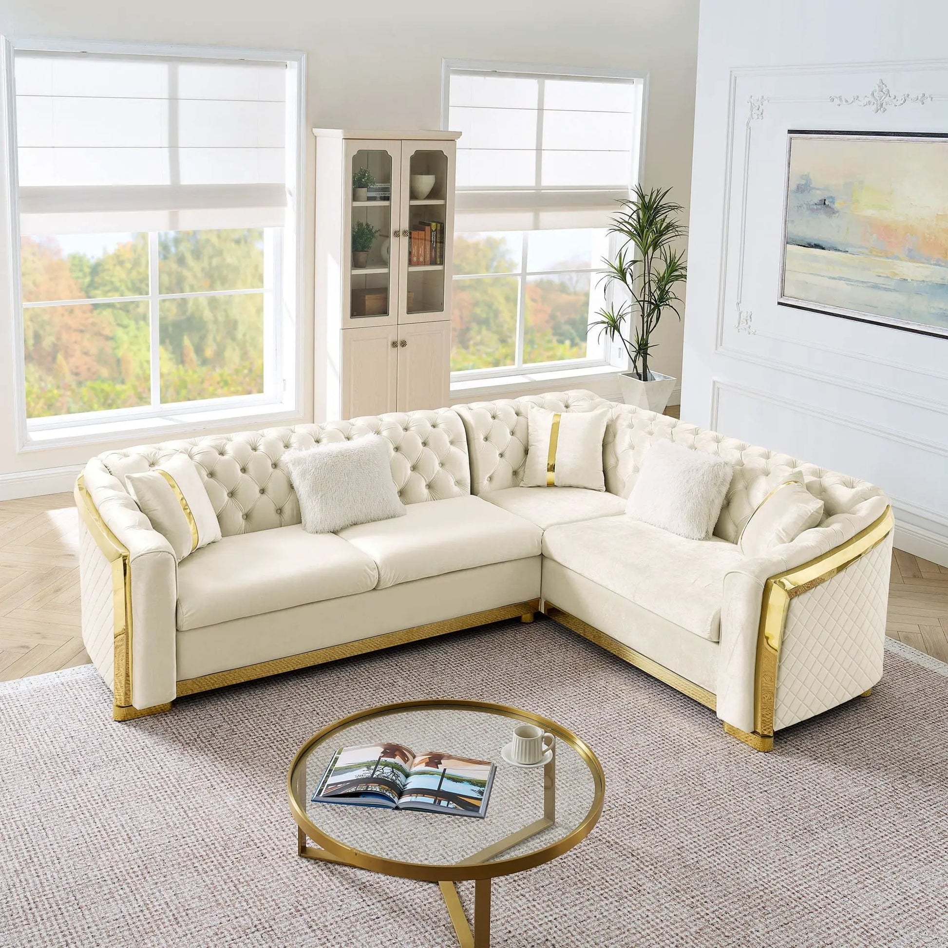 L-shaped Chesterfield sectional sofa cream tufted upholstery with stainless steel accents on Tampa Home & Garden Store