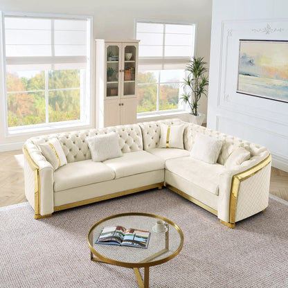 L-shaped Chesterfield sectional sofa cream tufted upholstery with stainless steel accents on Tampa Home & Garden Store