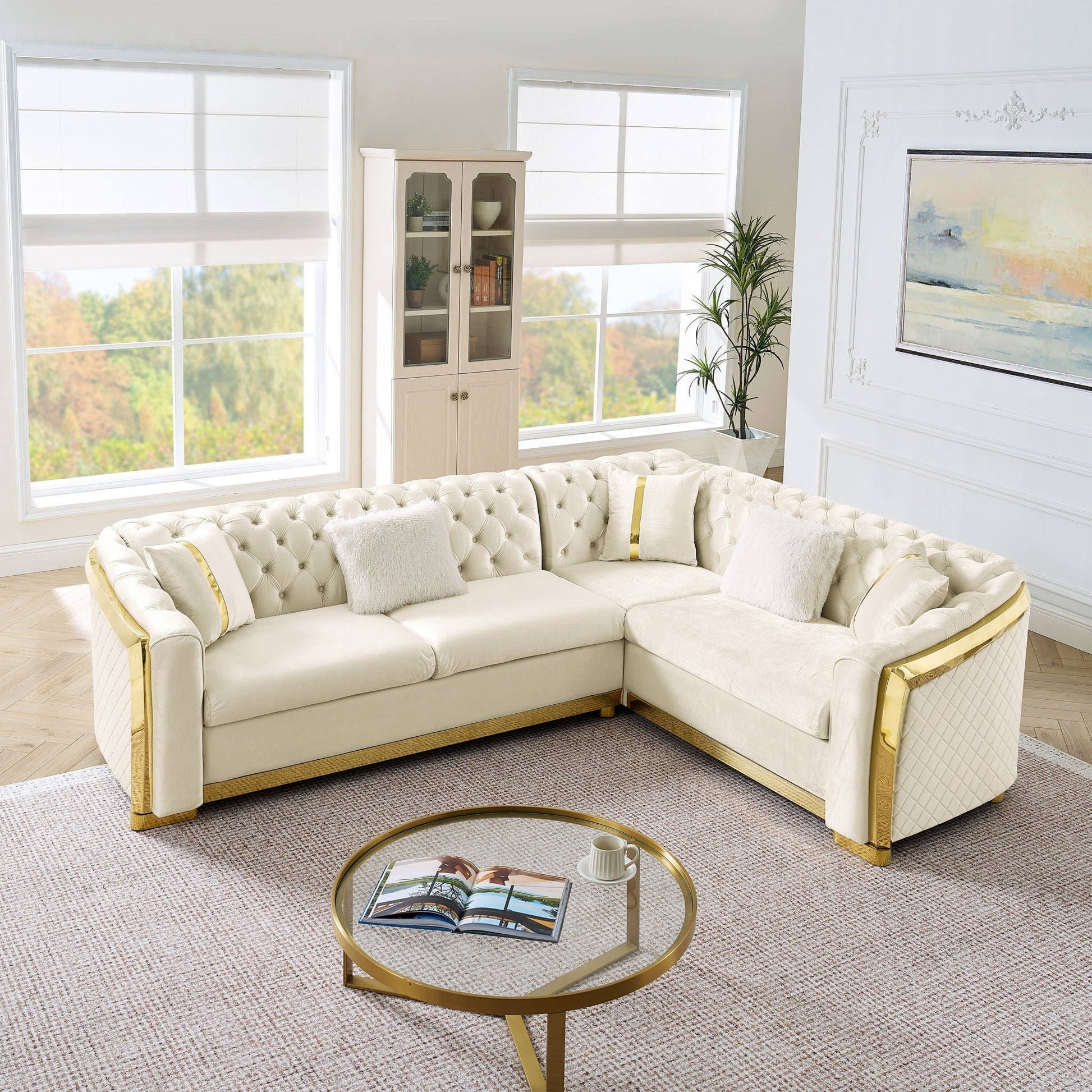 L-shaped Chesterfield sectional sofa cream tufted with stainless steel accents on Tampa Home & Garden Store