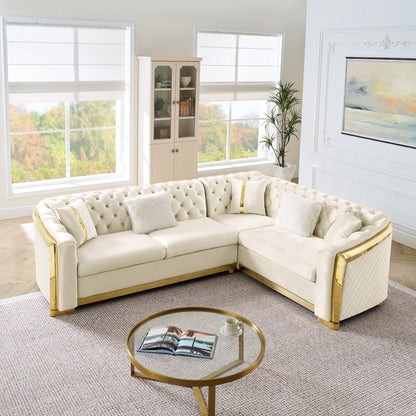 L-shaped Chesterfield sectional sofa cream tufted with stainless steel accents on Tampa Home & Garden Store