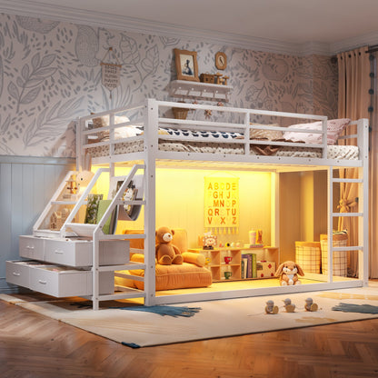 White twin-over-twin bunk bed with under-bed drawers and storage shelves, HouseOfZazla on Tampa Home & Garden Store