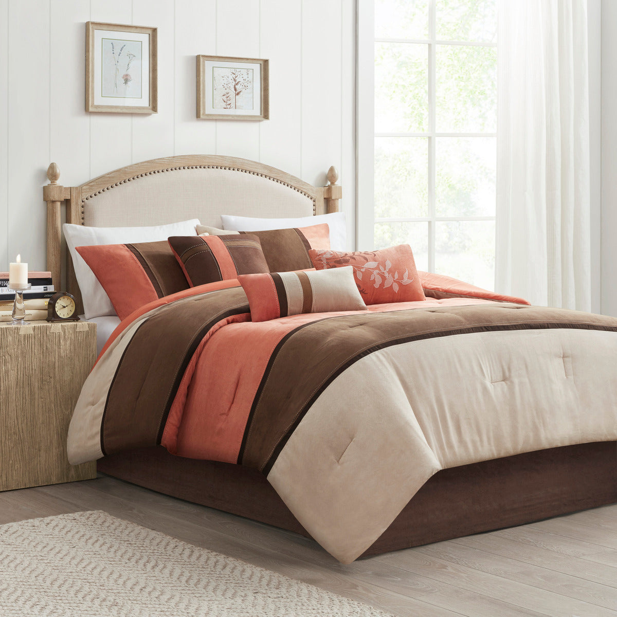 7 Piece Faux Suede Comforter Set - Coral King with coral, brown and beige color blocks on Tampa Home & Garden Store