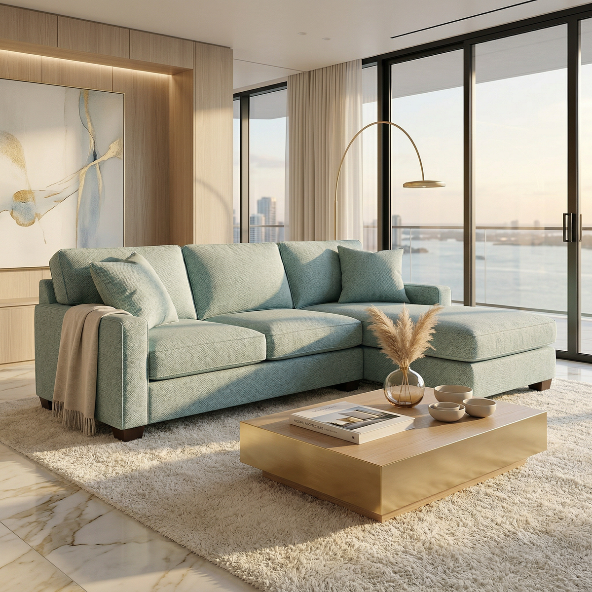 Clifford sectional sofa in teal fabric by HouseOfZazla, USA-made L-shaped custom fabrics on Tampa Home & Garden Store