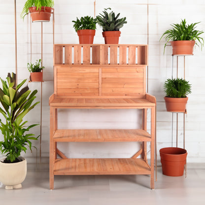 65" Rustic Outdoor Potting Bench Table Garden Potting Bench with 4 Storage Shelves and Side Hook,Natural