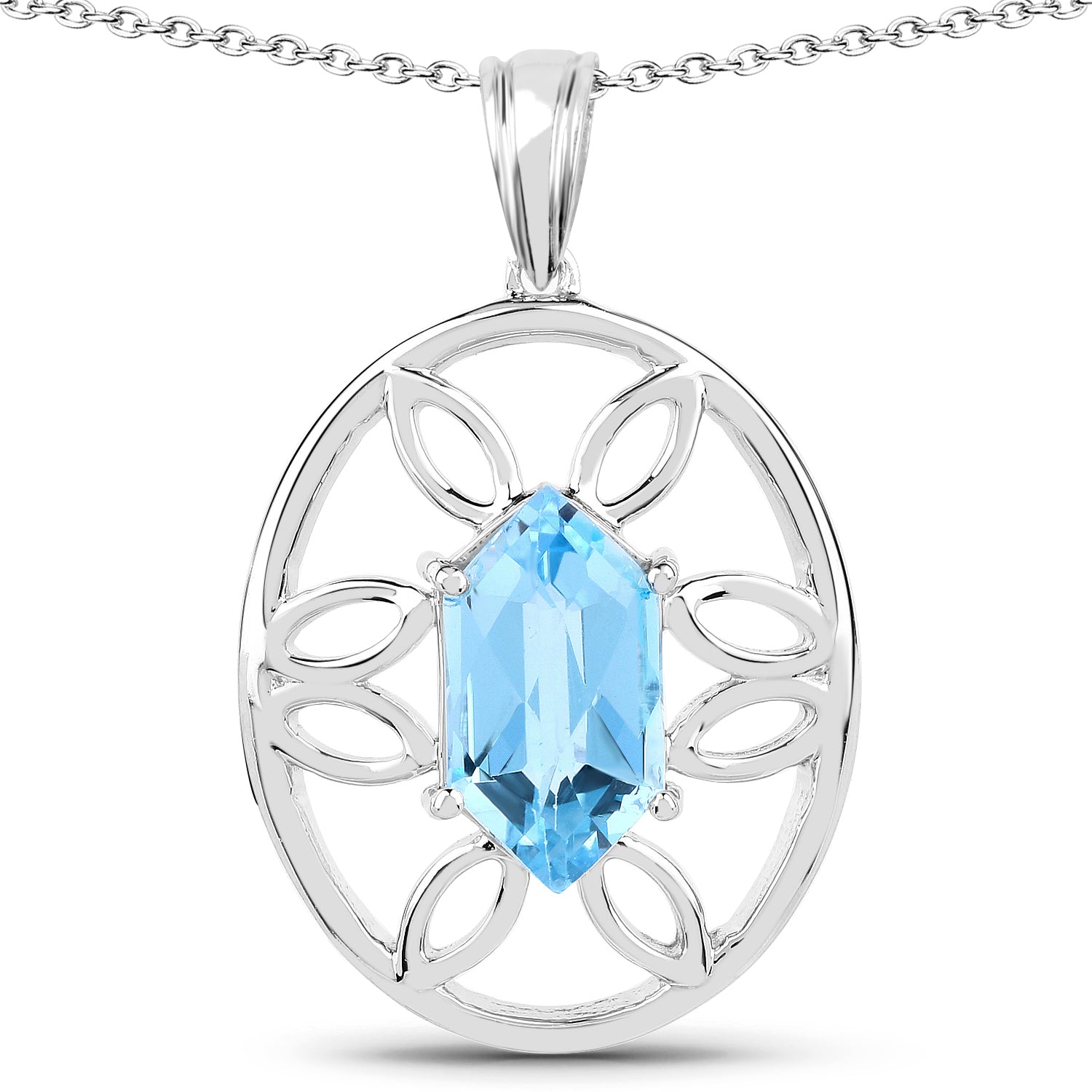 6.17 Carat Genuine Swiss Blue Topaz .925 Sterling Silver Pendant with open oval filigree frame on Tampa Home & Garden Store