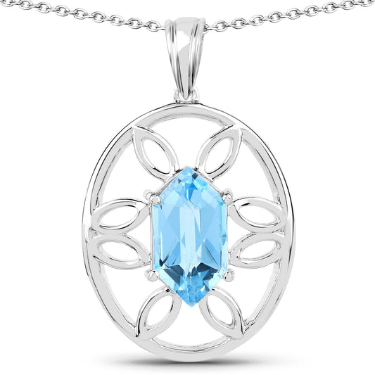 6.17 Carat Genuine Swiss Blue Topaz .925 Sterling Silver Pendant with open oval filigree frame on Tampa Home & Garden Store